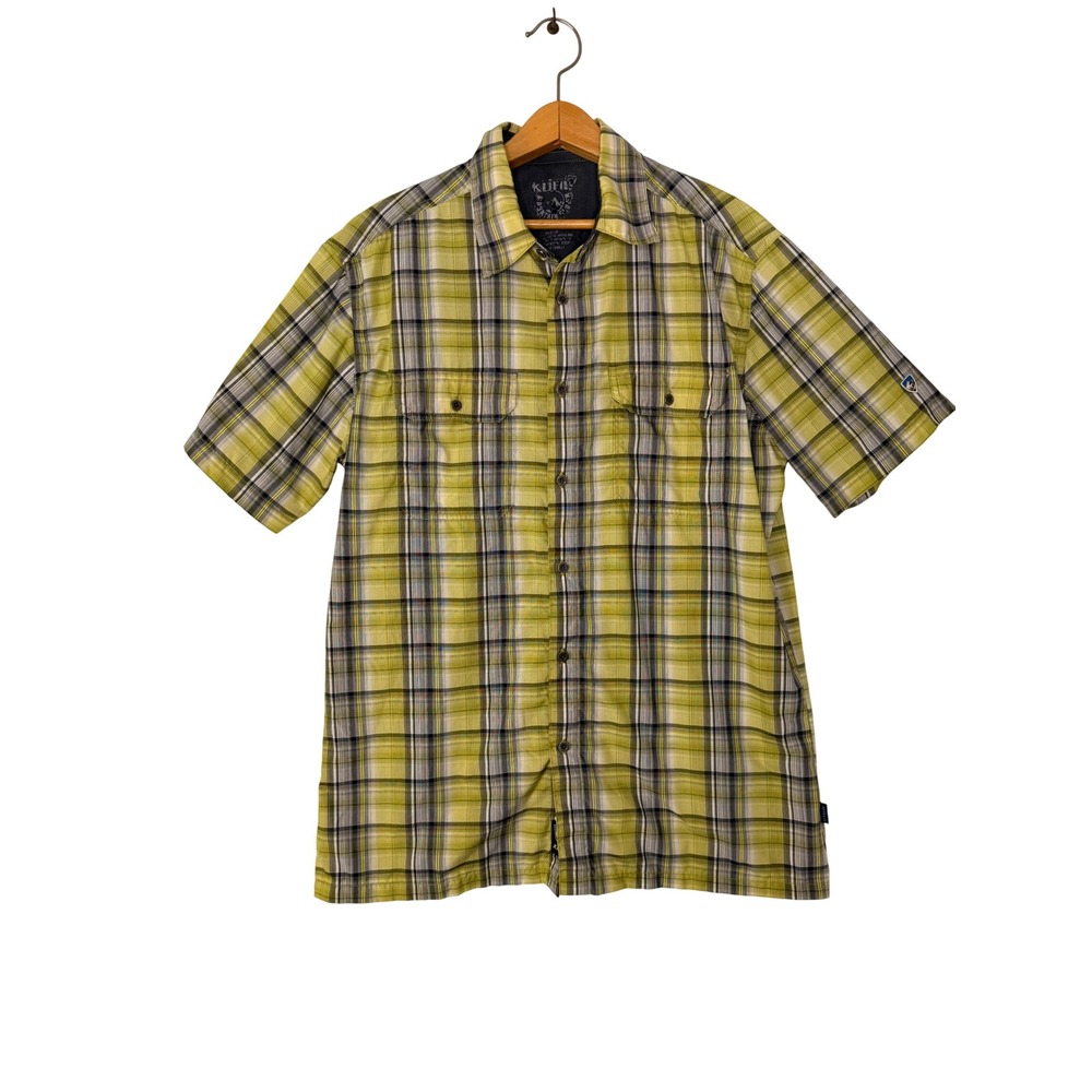 KUHL Eluxur Mens Short Sleeve Plaid Button Up Shirt Yellow Med Hiking Gorpcore